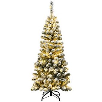 Gymax 4.5ft Pre-lit Pencil Snow Flocked Pencil Christmas Tree Holiday Decoration
