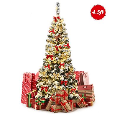 Gymax 4.5ft Pre-lit Pencil Snow Flocked Pencil Christmas Tree Holiday Decoration