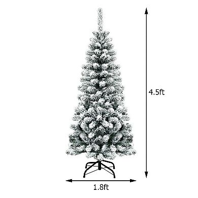 Gymax 4.5ft Pre-lit Pencil Snow Flocked Pencil Christmas Tree Holiday Decoration