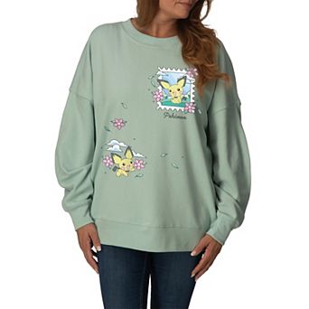 Women's Pokémon Pichu Floral Stamps Oversized Fleece Crew Sweatshirt