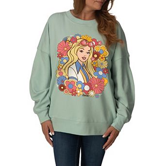 Women's Barbie Retro Floral Oversized Fleece Crew Sweatshirt