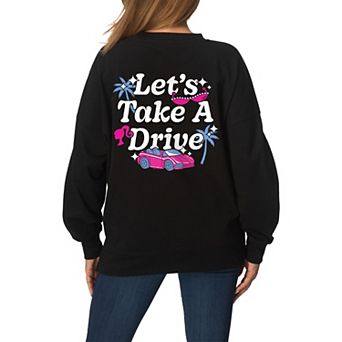 Women's Barbie Let's Take A Drive Oversized Fleece Crew Sweatshirt