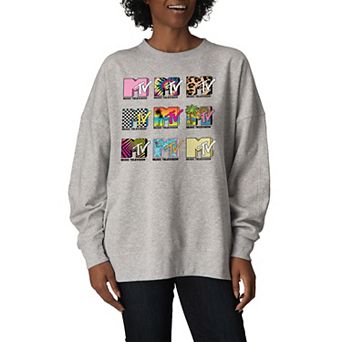 Women's MTV Logo Grid Oversized Fleece Crew Sweatshirt