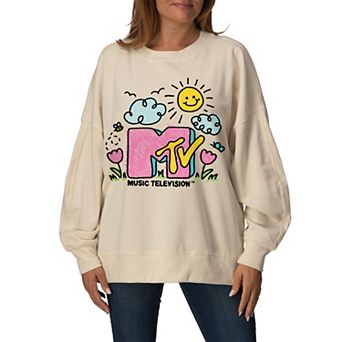 Women's MTV Spring Doodle Logo Oversized Fleece Crew Sweatshirt