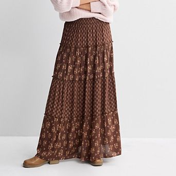 Juniors' Pink Rose Elastic Waist Multi Tier Skirt