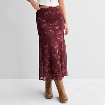 Juniors' Pink Rose Panel Mesh Midi Skirt