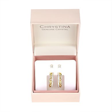 Chrystina 14k Gold Flash Plated Cubic Zirconia & Crystal 2-Pair Stud & Hoop Earring Set