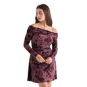 Juniors' madden girl Long Sleeve Off-The-Shoulder A-Line Mini Dress