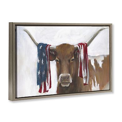 Stupell Home Decor Patriotic Longhorn with Flag Framed Wall Art