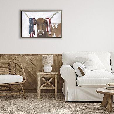 Stupell Home Decor Patriotic Longhorn with Flag Framed Wall Art