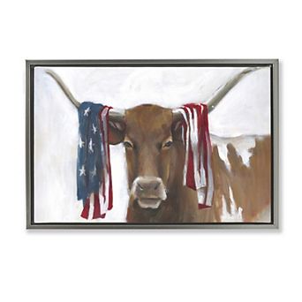 Stupell Home Decor Patriotic Longhorn with Flag Framed Wall Art