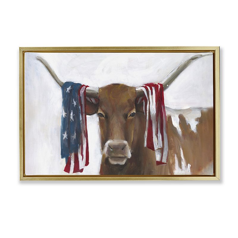 Stupell Home Decor Patriotic Longhorn with Flag Framed Wall Art, Grey Gold
