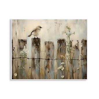 Stupell Home Decor Fence Perched Country Bird Framed Canvas Wall Art