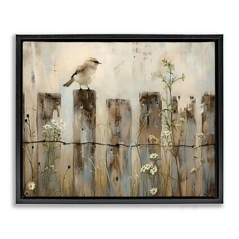 Stupell Home Decor Fence Perched Country Bird Framed Canvas Wall Art