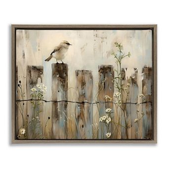 Stupell Home Decor Fence Perched Country Bird Framed Canvas Wall Art