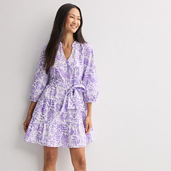 Women's Sandra Darren Split Neck Puffed Long Sleeve Tiered Dress