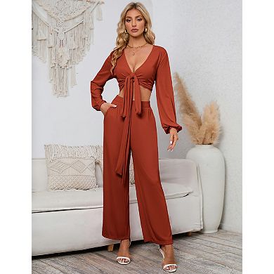 Women's Long Sleeve V Neck Blouse And Wide Leg Pants 2 Piece Set