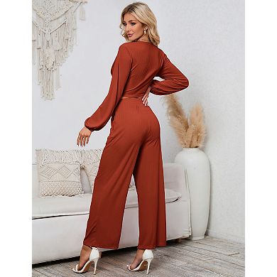 Women's Long Sleeve V Neck Blouse And Wide Leg Pants 2 Piece Set