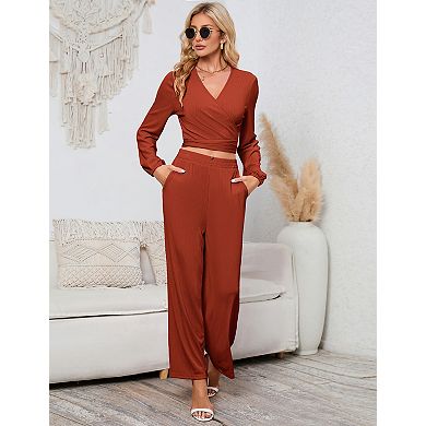 Women's Long Sleeve V Neck Blouse And Wide Leg Pants 2 Piece Set