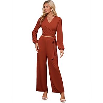 Women's Long Sleeve V Neck Blouse And Wide Leg Pants 2 pc Set
