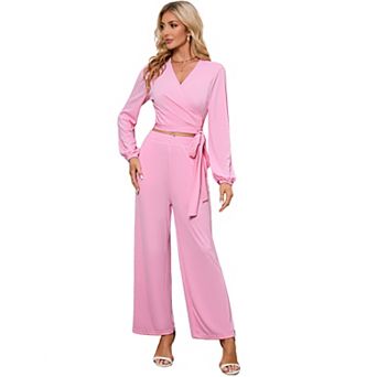Women's Long Sleeve V Neck Blouse And Wide Leg Pants 2 pc Set