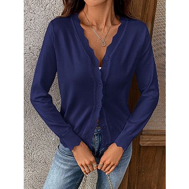 Women's V Neck Long Sleeve Knit Cardigan with Button Closure