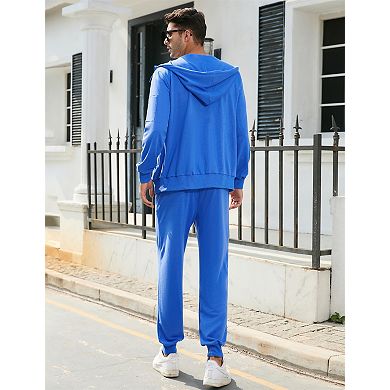 Men's Hooded Zip Up Lightweight Sport Set with Pockets and Waist Tie