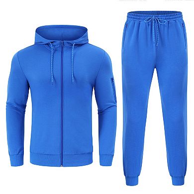 Men's Hooded Zip Up Lightweight Sport Set with Pockets and Waist Tie