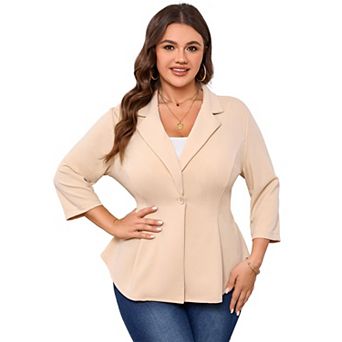 Plus Size Womens Blazer Notched Lapel One-Button 3/4 Sleeve Jacket