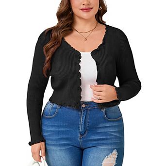Women's Plus Size Scalloped Trim Long Sleeve Button Front Cropped Knit Cardigan