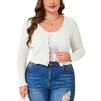 Women's Plus Size Scalloped Trim Long Sleeve Button Front Cropped Knit Cardigan
