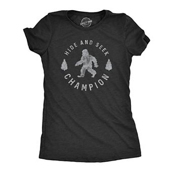Womens Hide and Seek Champion T shirt Funny Bigfoot Sasquatch Vintage Graphic