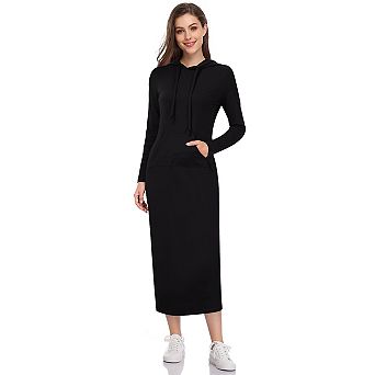 Women's Casual Long Sleeve Pocket Slim Pullover Maxi Hoodie Dress Sweatshirt Dresses