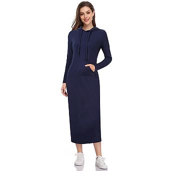 Women's Casual Long Sleeve Pocket Slim Pullover Maxi Hoodie Dress Sweatshirt Dresses