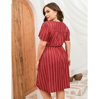 Women's Plus Size V Neck Short Sleeve Dress Wrap Front Drawstring Waist Flowy A Line Midi Dresses