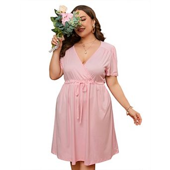 Women's Plus Size V Neck Short Sleeve Dress Wrap Front Drawstring Waist Flowy A Line Midi Dresses