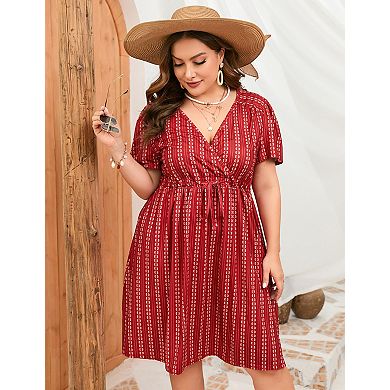 Women's V Neck Short Sleeve Plus Size Dress Wrap Front Drawstring Waist Flowy A Line Midi Dresses