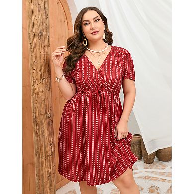 Women's V Neck Short Sleeve Plus Size Dress Wrap Front Drawstring Waist Flowy A Line Midi Dresses