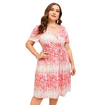 Women's V Neck Short Sleeve Plus Size Dress Wrap Front Drawstring Waist Flowy A Line Midi Dresses