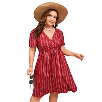 Women's V Neck Short Sleeve Plus Size Dress Wrap Front Drawstring Waist Flowy A Line Midi Dresses