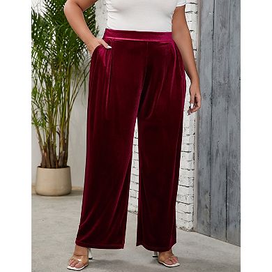 Women's Plus Size Elastic Waist Wide Leg Long Pants with Side Pockets