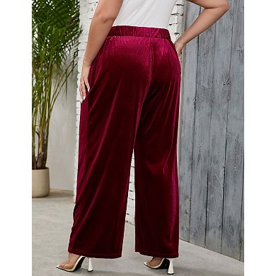 Women's Plus Size Elastic Waist Wide Leg Long Pants with Side Pockets