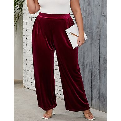 Women's Plus Size Elastic Waist Wide Leg Long Pants with Side Pockets