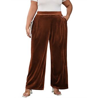 Women's Plus Size Elastic Waist Wide Leg Long Pants with Side Pockets