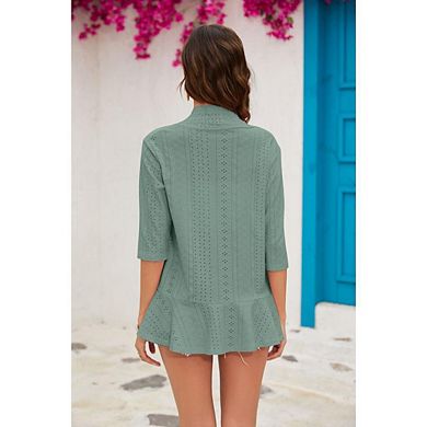 Women's 3/4 Sleeve Open Front Netted Knit Cardigan Draped Ruffles Kimono Style Cover Ups