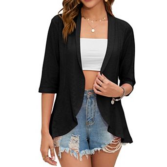 Women's 3/4 Sleeve Open Front Netted Knit Cardigan Draped Ruffles Kimono Style Cover Ups