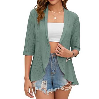 Women's 3/4 Sleeve Open Front Netted Knit Cardigan Draped Ruffles Kimono Style Cover Ups