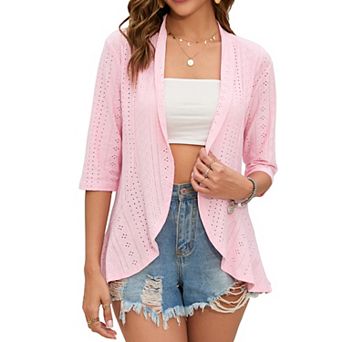 Women's 3/4 Sleeve Open Front Netted Knit Cardigan Draped Ruffles Kimono Style Cover Ups