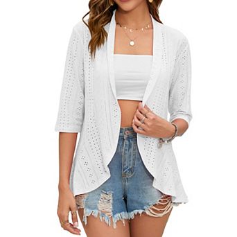 Women's 3/4 Sleeve Open Front Netted Knit Cardigan Draped Ruffles Kimono Style Cover Ups