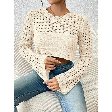 Women's Crochet Hollow Out Crop Top Long Bell Sleeve Boho Sweater